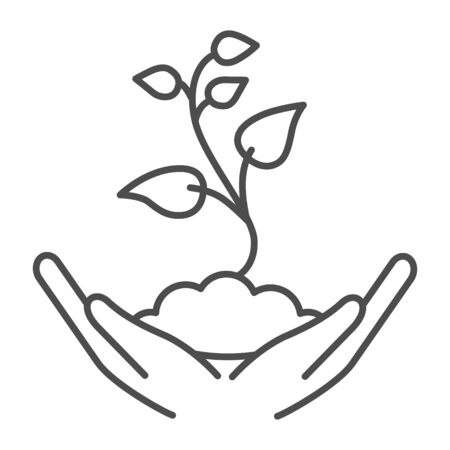 Small sprout with first leaves in soil in caring hands thin line icon, gardening concept, seedling sign on white background, Human palms hold small plant icon in outline style. Vector graphics.のイラスト素材
