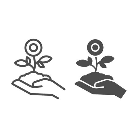 Flower plant in hand line and solid icon, spring concept, Flower in soil on human hand sign on white background, Human palm hold young flower icon in outline style for mobile and web. Vector graphics.のイラスト素材