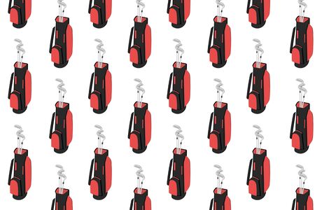 Red and black golf bag with clubs pattern on white background. Golfer sports equipment pattern vector Illustration. Golf equipment, branding package, fabric print, wallpaper.のイラスト素材