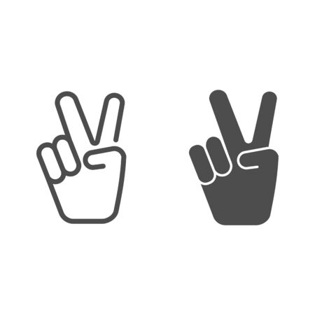 Hand shows victory sign line and solid icon, hand gestures concept, victory sign on white background, Peace hand gesture icon in outline style for mobile concept and web design. Vector graphics.のイラスト素材
