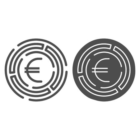 Labyrinth with euro coin line and solid icon, Investment decisions concept, labyrinth chart sign on white background, maze with euro icon in outline style for mobile and web design. Vector graphics.のイラスト素材