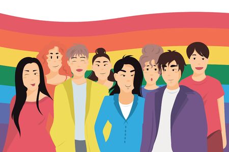 Group of young people with LGBT pride flag behind them. Cheerful multiracial homosexual men and women. Group of homosexual people with LGBT flag. Equality and gay rights vector illustration concept.のイラスト素材