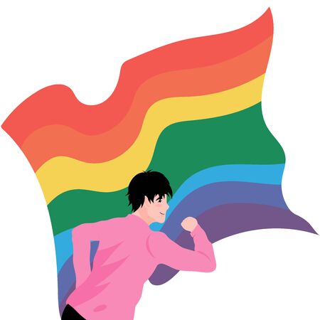 Portrait of young gay running with rainbow flag behind him. Vector illustration on white background. Homosexual man in pink shirt with rainbow color flag. LGBT pride conceptのイラスト素材