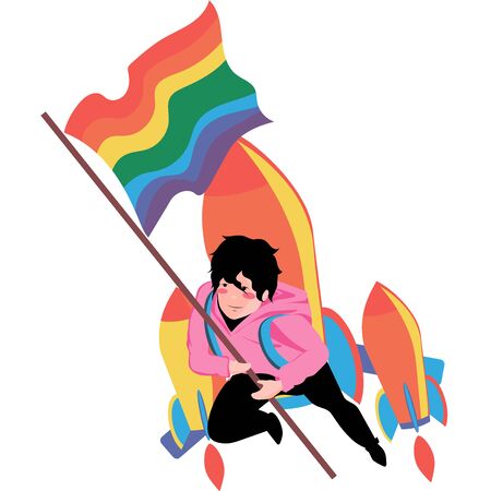 Young homosexual boy flying with rockets and holding rainbow flag. Rocket launch with young gay in hoodie with multi-colored lgbt flag on white background. Vector illustration. LGBT pride conceptのイラスト素材