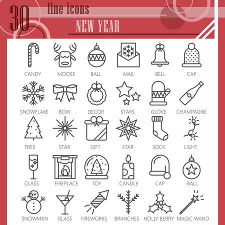 New Year line icon set, Christmas symbols collection or sketches. Party and celebration linear style signs for web and app. Vector graphics isolated on white background.のイラスト素材