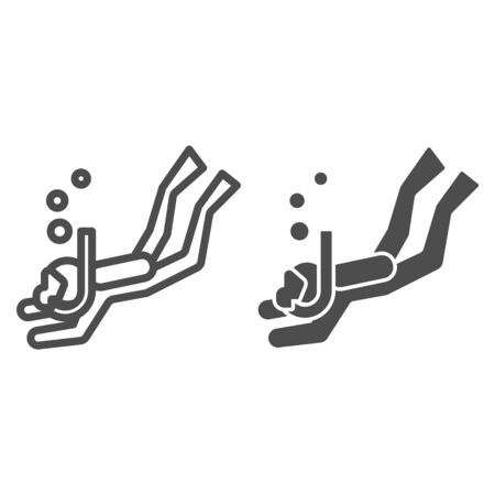 Diver line and solid icon, underwater sport concept, Swimming diver in deep immersion sign on white background, Scuba diving icon in outline style for mobile concept and web design. Vector graphics.のイラスト素材