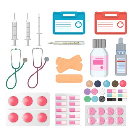 First aid kit medical tools and medicaments. First aid kit box with medical equipment and medications for emergencies. Medical first aid kit with different pills and treatments. Vector illustration.のイラスト素材