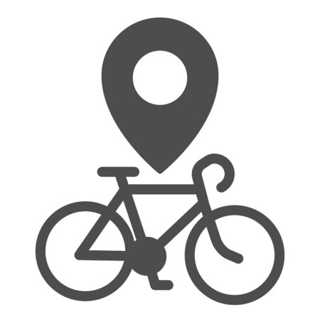 Bike location solid icon, bicycle concept, Map pointer with bicycle sign on white background, bike rent location pin icon in glyph style for mobile concept and web design. Vector graphics.のイラスト素材