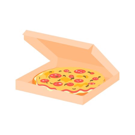 Pizza in an open box on white background. Tasty fast food concept. Delivery from the pizzeria. Vector illustration.のイラスト素材