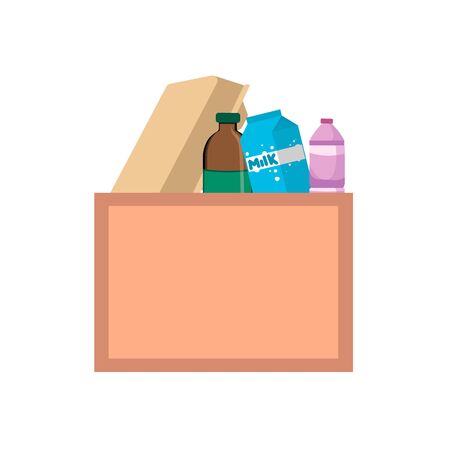 Box with food on white background. Box with milk, eggs and water. Grocery delivery concept. Vector illustrationのイラスト素材