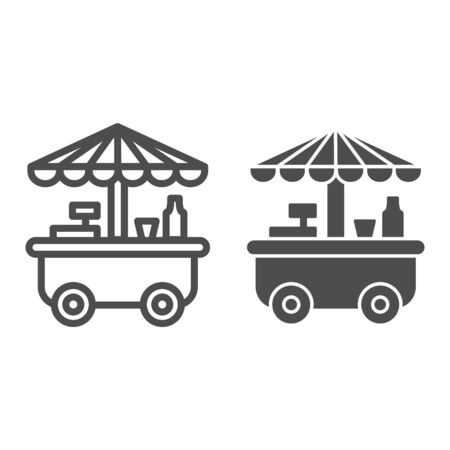 Street stall on wheels line and solid icon, market concept, Street sale cart sign on white background, Fast street food cart with awning icon in outline style for mobile and web. Vector graphics.のイラスト素材