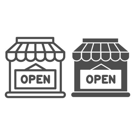 Open shop building line and solid icon, market concept, Store with open signboard on white background, Store with sign open icon in outline style for mobile concept and web design. Vector graphics.のイラスト素材
