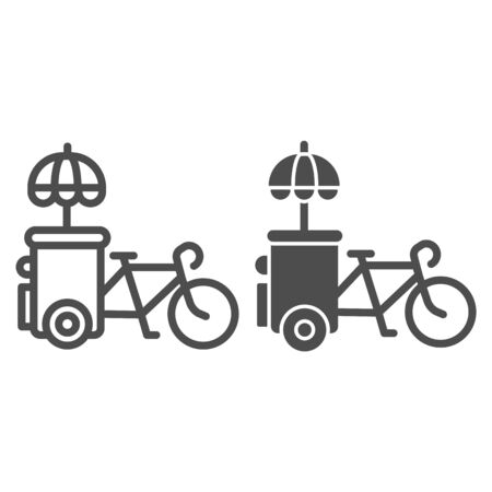 Bike stall line and solid icon, Street food concept, Ice cream bicycle cart sign on white background, vending cart with parasol sunshade icon in outline style for mobile and web. Vector graphics.のイラスト素材