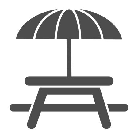 Outdoor table with umbrella solid icon, picnic concept, Camping Table sign on white background, Table and chair outside icon in glyph style for mobile concept, web design. Vector graphics.のイラスト素材