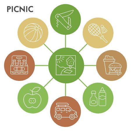 Modern picnic Infographic design template. Summer outdoor leisure Infographic visualization bubble design on white background. Creative vector illustration for infographic.のイラスト素材