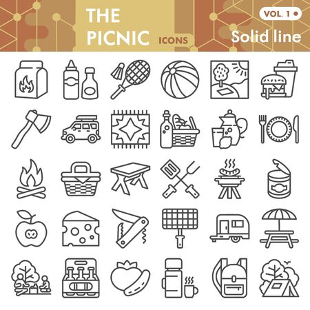 Picnic line icon set, barbecue symbols collection or sketches. Camping and outdoor leisure linear style signs for web and app. Vector graphics isolated on white background.のイラスト素材