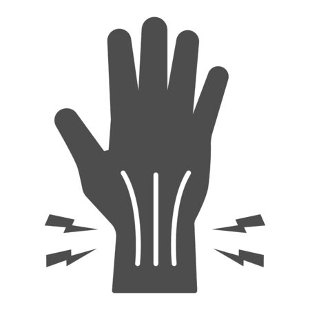 Pain in hand solid icon, Body pain concept, injury in hand joint sign on white background, Human hand and wrist pain caused by arthritis icon in glyph style for mobile. Vector graphicsのイラスト素材