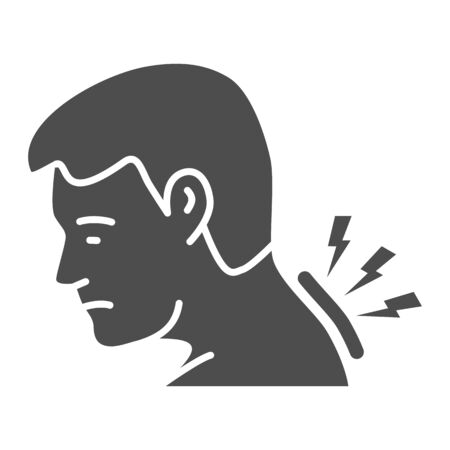 Neck pain solid icon, Body pain concept, Man suffering from neck ache sign on white background, man with pain in his neck icon in glyph style for mobile and web design. Vector graphicsのイラスト素材