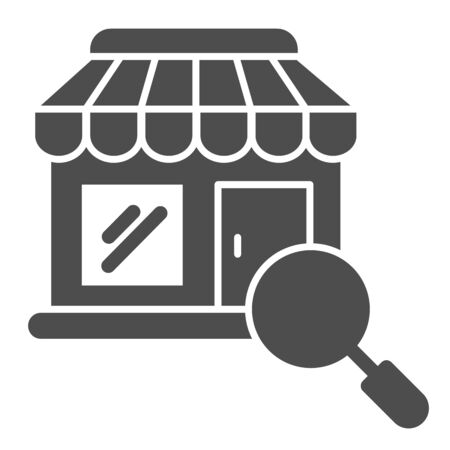 Shop building and magnifier solid icon, shopping concept, store with magnifying glass sign on white background, store shopping facade and magnifier icon in glyph style. Vector graphicsのイラスト素材