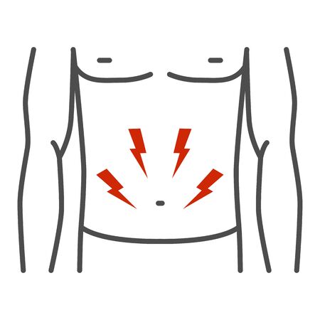 Stomach-ache thin line icon, healthcare concept, Person with symptom of pain in stomach sign on white background, pain in belly icon in outline style for mobile and web design. Vector graphics.のイラスト素材