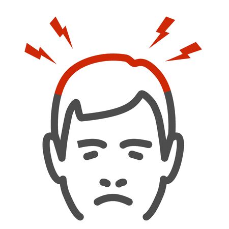 Headache line icon, Body pain concept, Lightnings above mans head sign on white background, person man with headache symptoms icon in outline style for mobile and web. Vector graphics.のイラスト素材