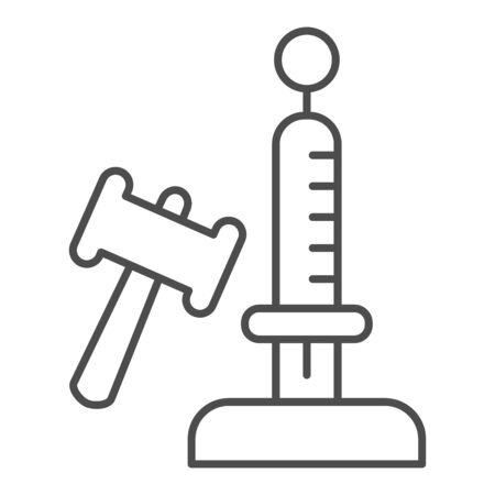 Game with button and hammer thin line icon, entertainment concept, High striker attraction with big hammer sign on white background, Attraction for measuring strength icon in outline. Vector.のイラスト素材
