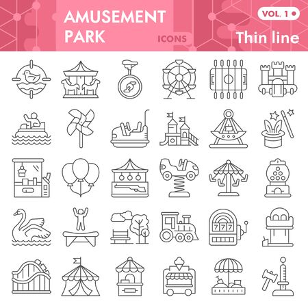 Amusement park thin line icon set, children entertainment symbols collection or sketches. Playground linear style signs for web and app. Vector graphics isolated on white background.のイラスト素材