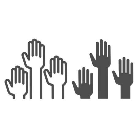 Hands raised up line and solid icon, Education concept, raising up hands in air sign on white background, raised arms icon in outline style for mobile concept and web design. Vector graphics.のイラスト素材