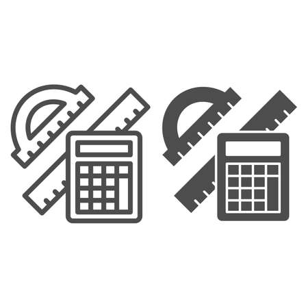 Protractor with ruler and calculator line and solid icon, Mathematics concept, School supplies sign on white background, Protractor, ruler and calculator icon in outline style. Vector graphics.のイラスト素材