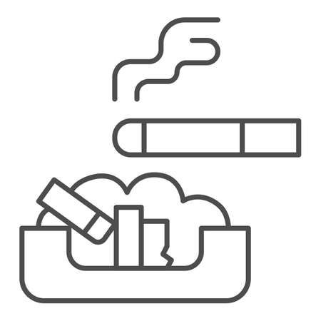 Cigarette in ashtray thin line icon, Smoking concept, ash tray sign on white background, smoky cigarette and butts lying in ashtray icon in outline style for mobile, web design. Vector graphics.のイラスト素材