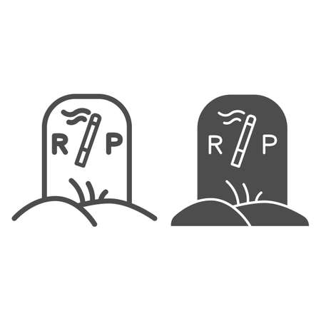 Grave with cigarette line and solid icon, Smoking concept, gravestone and smoking sign on white background, smoker grave icon in outline style for mobile concept and web design. Vector graphics.のイラスト素材
