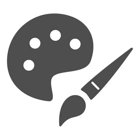 Paints and brush solid icon, drawing concept, Paintbrush with palette sign on white background, Wooden palette with paints and brush icon in glyph style for mobile concept and web design.のイラスト素材