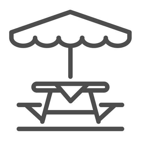 Camping Table and Bench with umbrella line icon, picnic concept, Table and Bench outside sign on white background, Outdoor table with umbrella icon in outline style. Vector graphics.のイラスト素材
