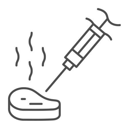 Piece of meat with syringe thin line icon, picnic concept, Culinary kitchen syringe e sign on white background, steak with syringe icon in outline style for mobile, web design. Vector graphics.のイラスト素材