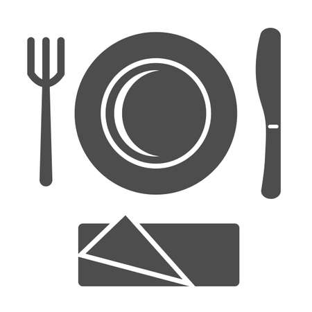 Plastic disposable tableware solid icon, picnic concept, picnic cutlery sign on white background, plate with fork and knife icon in glyph style for mobile and web design. Vector graphics.のイラスト素材