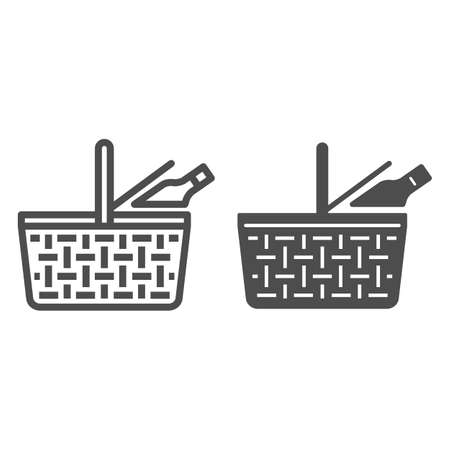 Food basket line and solid icon, picnic concept, picnic basket sign on white background, Wicker picnic basket with products icon in outline style for mobile concept and web design. Vector graphics.のイラスト素材