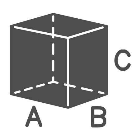 Cube with signed sides solid icon, geometry concept, Geometric transparent figure sign on white background, isometric cube form with square sides and signs icon in glyph. Vector graphics.のイラスト素材