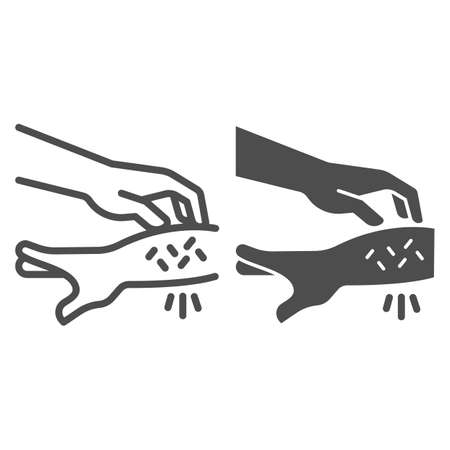 Allergic hand scabies line and solid icon, Allergy concept, Rash hand sign on white background, one hand scratches other because of allergies icon in outline style for mobile and web. Vector graphics.のイラスト素材
