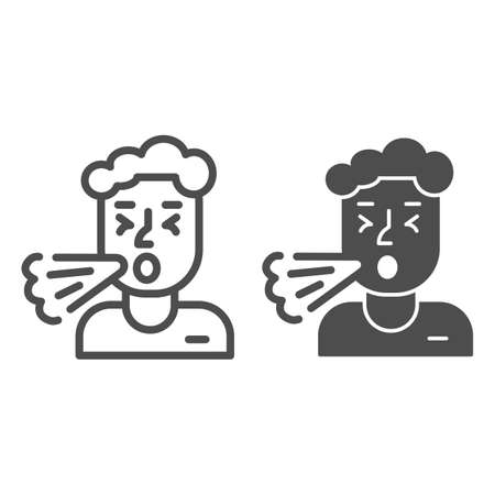 Man coughing line and solid icon, Allergy concept, Cough sign on white background, patient with symptoms of cold or allergy icon in outline style for mobile concept and web design. Vector graphics.のイラスト素材