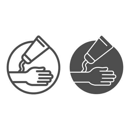 Ointment and hand line and solid icon, Health and Medical concept, hypoallergenic cream sign on white background, Applying cream to hand icon in outline style for mobile, web design. Vector graphics.のイラスト素材