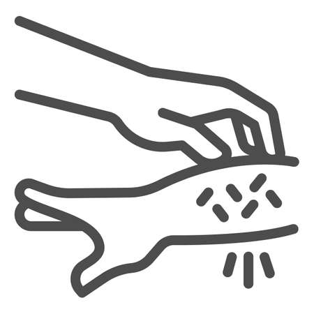 Allergic hand scabies line icon, Allergy concept, Rash hand sign on white background, one hand scratches other because of allergies icon in outline style for mobile and web. Vector graphics.のイラスト素材