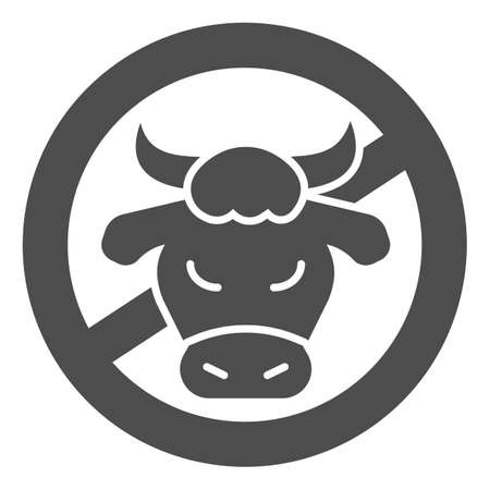 Cow head in crossed circle solid icon, Allergy concept, No milk and lactose sign on white background, Forbidden dairy with cow head icon in glyph style for mobile and web. Vector graphics.のイラスト素材