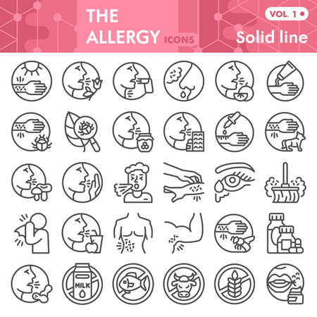 Allergy line icon set, Allergen symbols collection or sketches. Allergies linear style signs for web and app. Vector graphics isolated on white background.のイラスト素材
