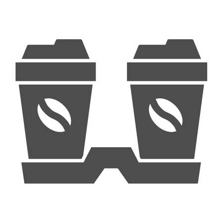 Couple of cups of coffee solid icon, Coffee time concept, Two disposable paper cups with bean sign on white background, Coffee drink icon in glyph style for mobile and web. Vector graphics.のイラスト素材