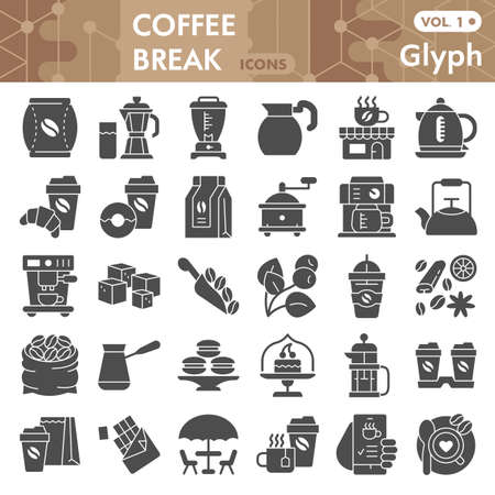 Coffee solid icon set, Coffee break symbols collection or sketches. Coffee time glyph style signs for web and app. Vector graphics isolated on white background.のイラスト素材
