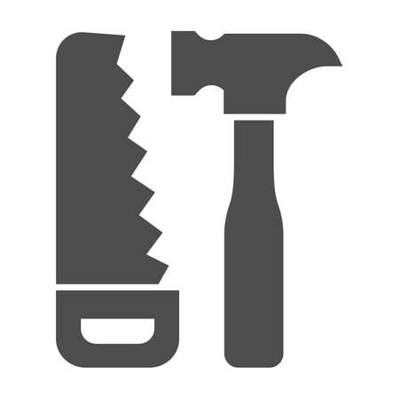 Saw and hammer solid icon, house repair concept, carpentry tools sign on white background, Hand saw and hammer icon in glyph style for mobile concept and web design. Vector graphics.のイラスト素材