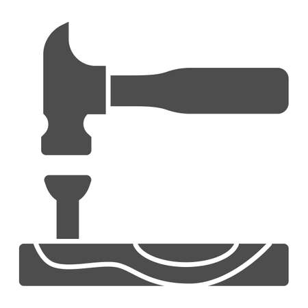 Hammer with nail in board solid icon, house repair concept, carpentry tools sign on white background, hammer hitting a nail icon in glyph style for mobile and web design. Vector graphics.のイラスト素材