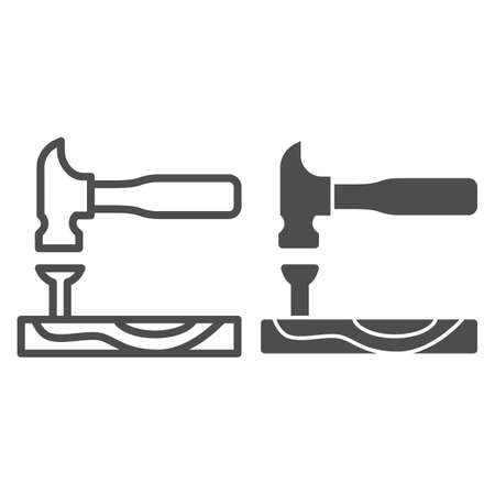 Hammer with nail in board line and solid icon, house repair concept, carpentry tools sign on white background, hammer hitting a nail icon in outline style for mobile and web design. Vector graphics.のイラスト素材