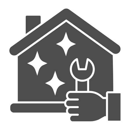 House and hand with wrench solid icon, Home professional services concept, Maintenance house sign on white background, House and wrench icon in glyph style for mobile, web. Vector graphics.のイラスト素材