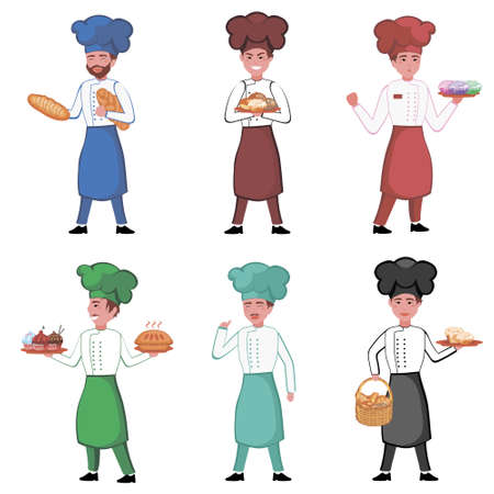 Bakers characters set on white background. Bakery concept. Cooks in uniform with baked goods in hands. illustration of men in apron and chef hat in flat design isolated on white background.のイラスト素材